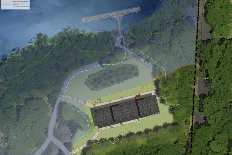 aerial rendering of a sailing center and dock